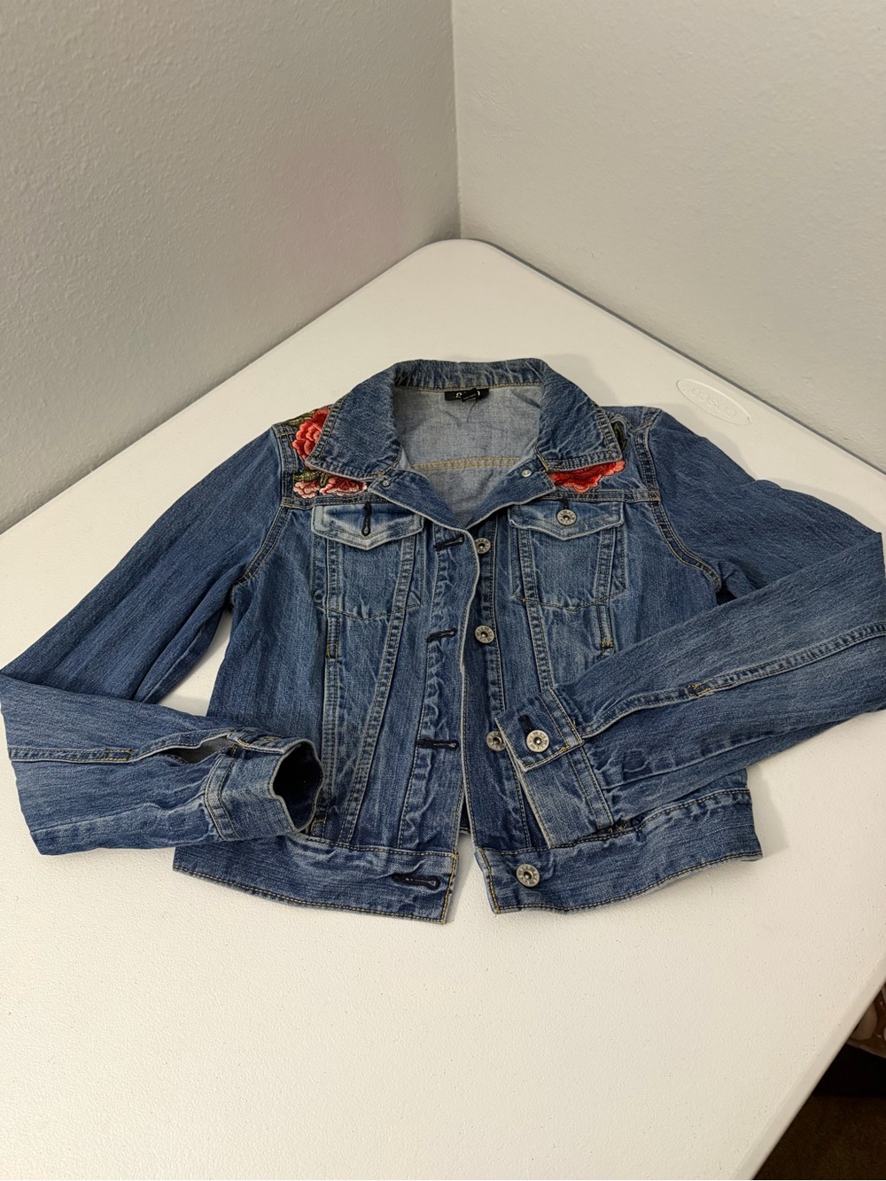 a.n.a Blue Denim Jacket with Red Floral Embroidery